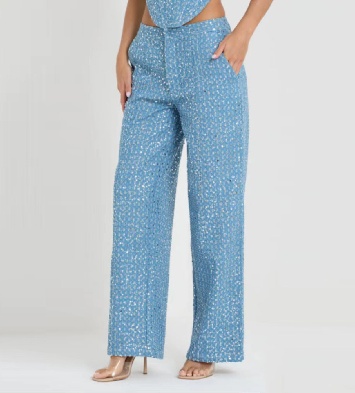 Fashion Denim Sequined Tube Top Wide Leg Pants Suit - Bellarte Enchanté Fashion Denim Sequined Tube Top Wide Leg Pants Suit